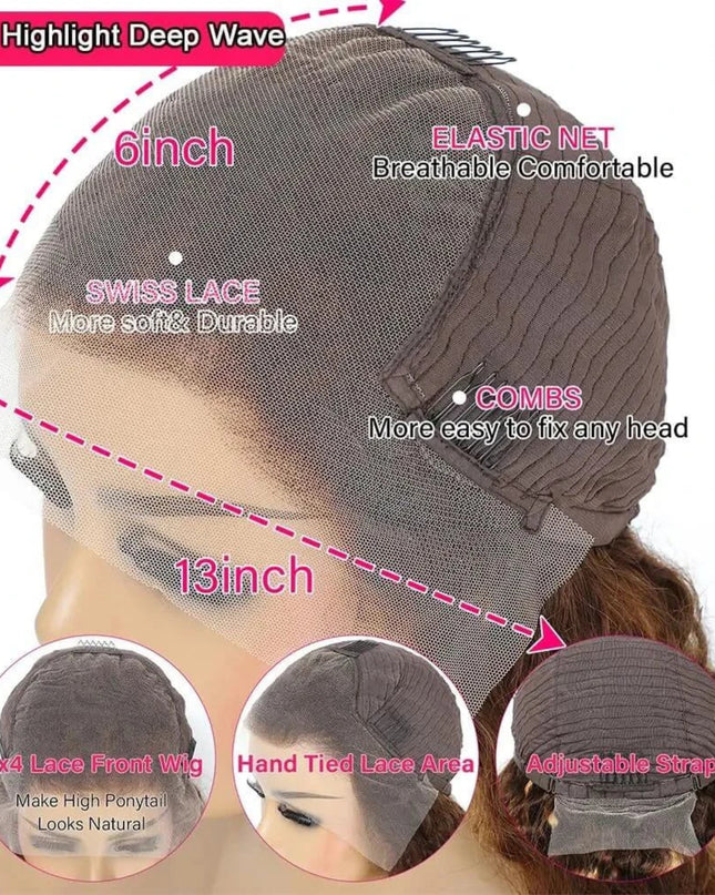 Diagram of 13x6 highlight deep wave human hair wig features: Swiss lace, elastic net, adjustable strap, and combs for secure fit.