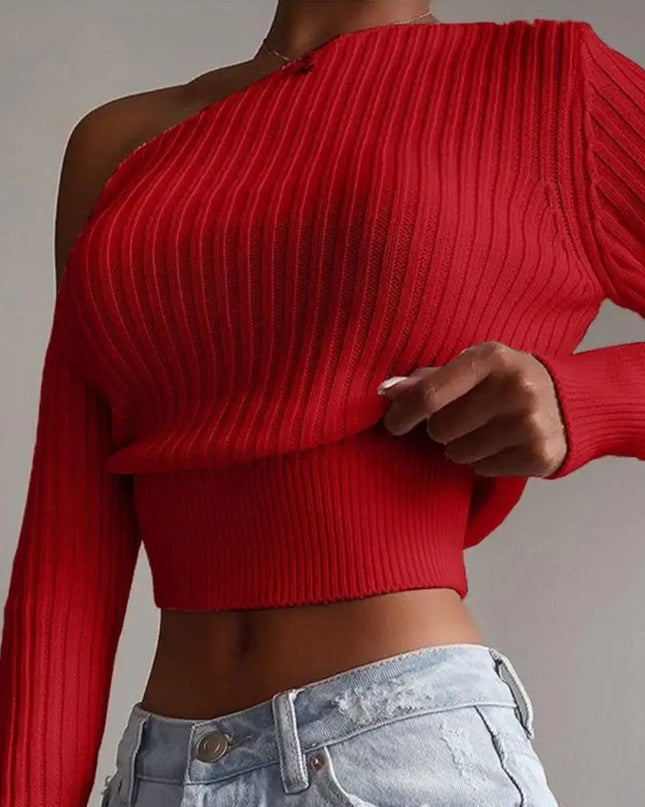 Women's Off-Shoulder Ribbed Knit Pullover Sweater - Solid Color Long Sleeve Jumper Top