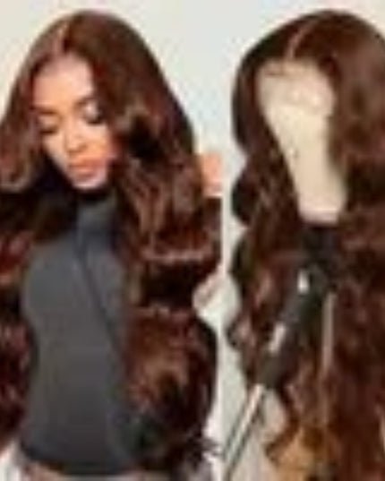 Brown hair wig displayed against a white background