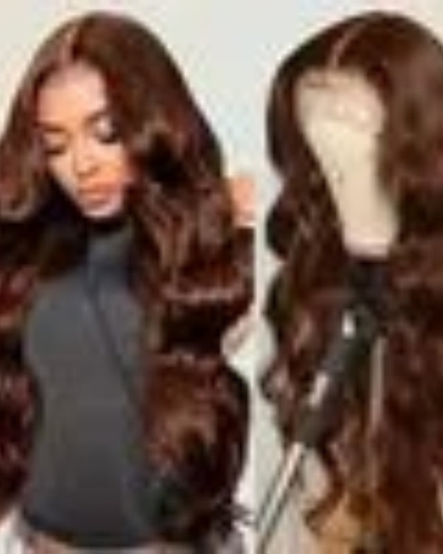 Brown hair wig displayed against a white background