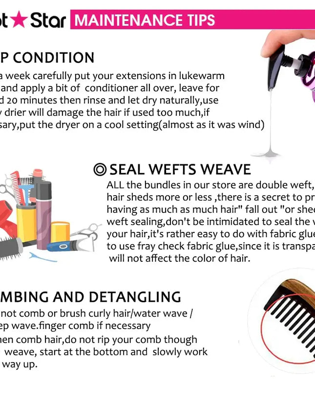 Hot Star hair care maintenance tips with text and images of hair care products and tools.