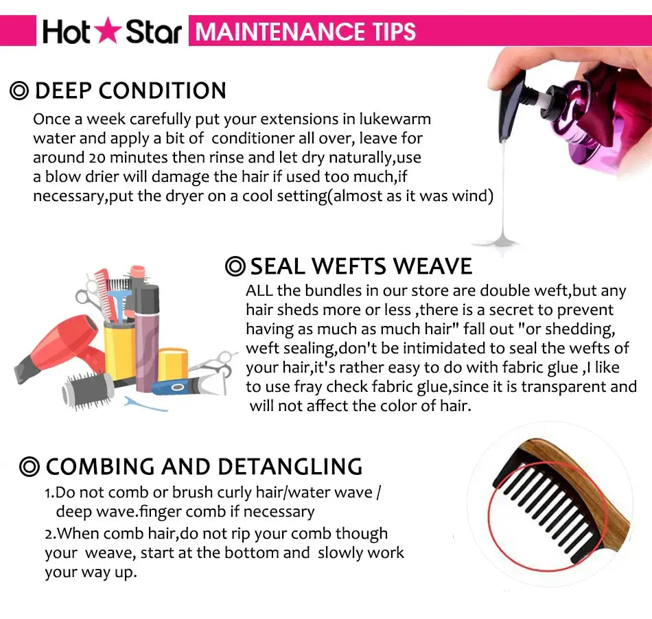 Hot Star hair care maintenance tips with text and images of hair care products and tools.