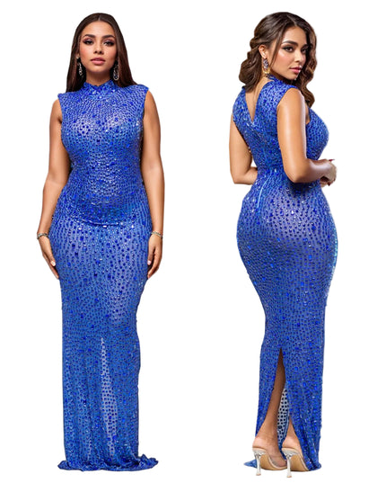 Woman wearing a blue sequin dress from front and side views on a gray background