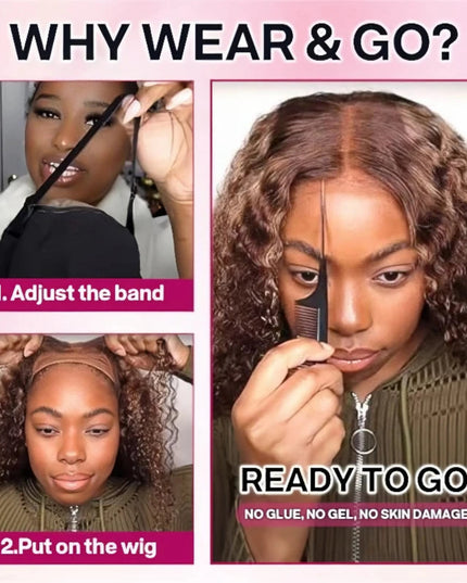 Instructions on how to wear and go with a wig, featuring a woman adjusting a wig and text about no glue or skin damage.