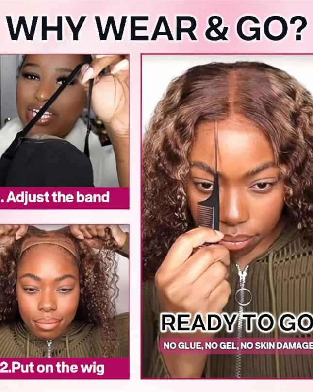 Instructions on how to wear and go with a wig, featuring a woman adjusting a wig and text about no glue or skin damage.