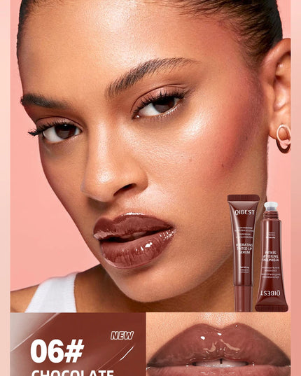 Woman with chocolate lip color and makeup products on a pink background