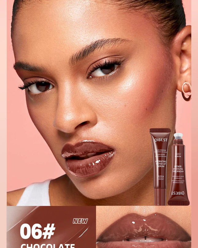 Woman with chocolate lip color and makeup products on a pink background