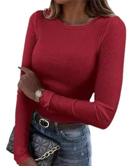 European and American new women's long sleeved elastic round neck ribbed T-shirt slim fit casual basic top