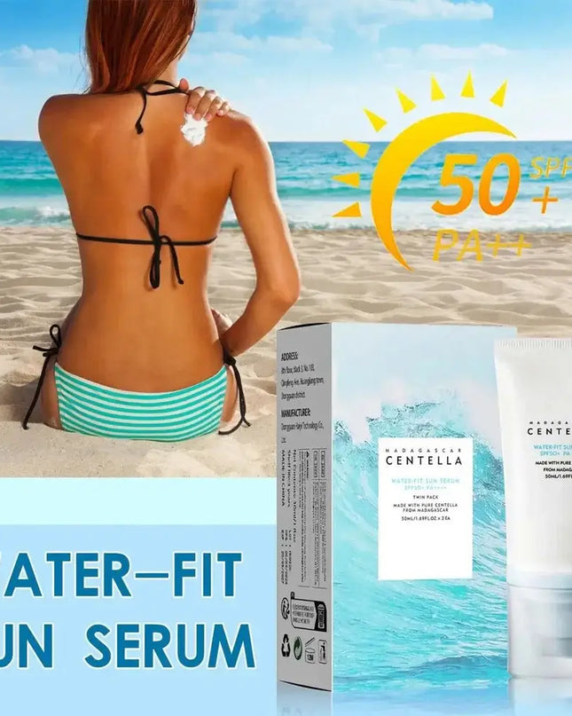 Woman applying sunscreen on the beach with SPF 50+ sunblock and Centella cream packaging in foreground.