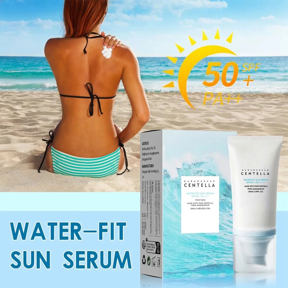 Woman applying sunscreen on the beach with SPF 50+ sunblock and Centella cream packaging in foreground.