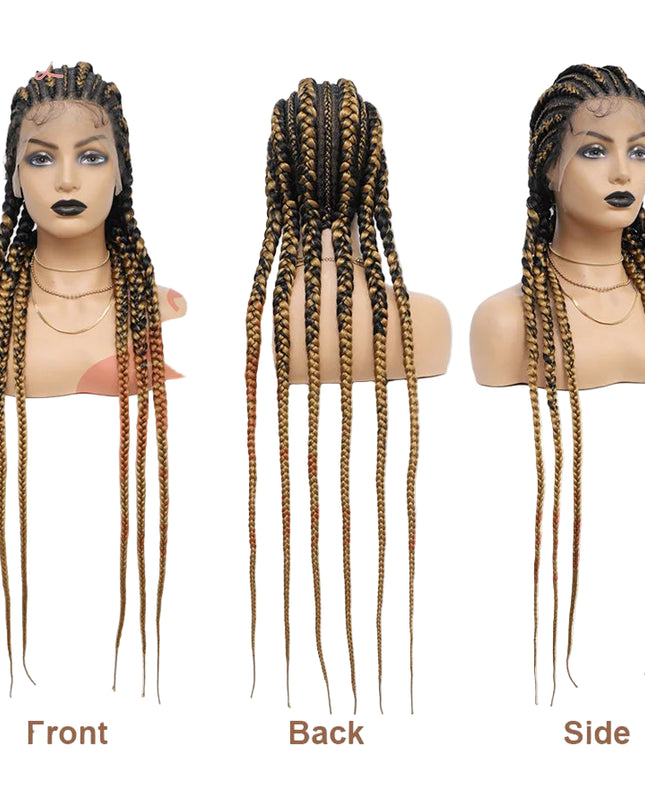 Three views of a wig with braided hair on mannequin heads, labeled 'Front', 'Back', and 'Side'.