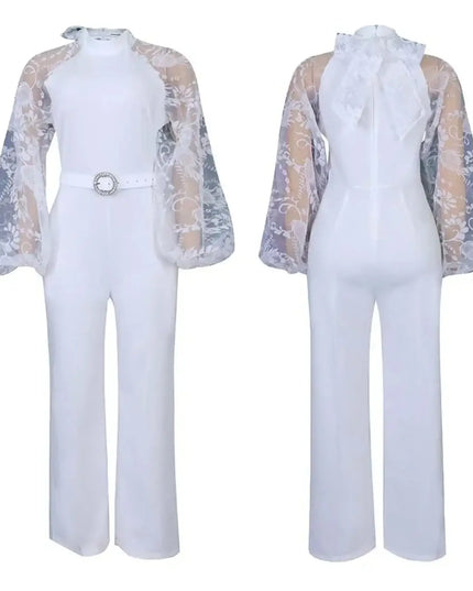 White outfit with sheer sleeves and a belt on a white background
