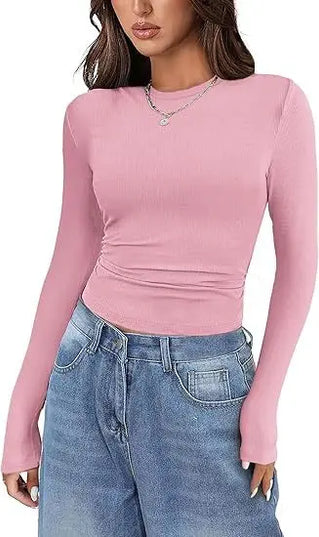 European and American new women's long sleeved elastic round neck ribbed T-shirt slim fit casual basic top