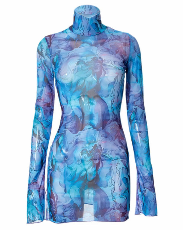 Y2K Mesh Bodycon Dress – Bell Sleeves, Open Hip Design
