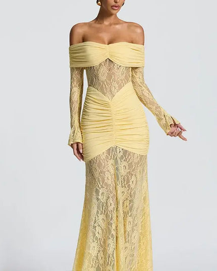 Off-Shoulder Lace Mesh Mermaid Maxi Dress
