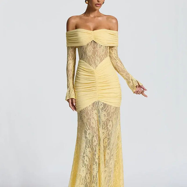 Off-Shoulder Lace Mesh Mermaid Maxi Dress