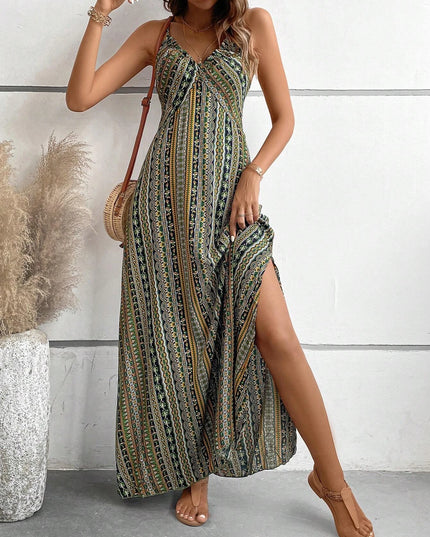 Women's Ethnic Pattern Backless Split Thigh Boho Maxi Dress