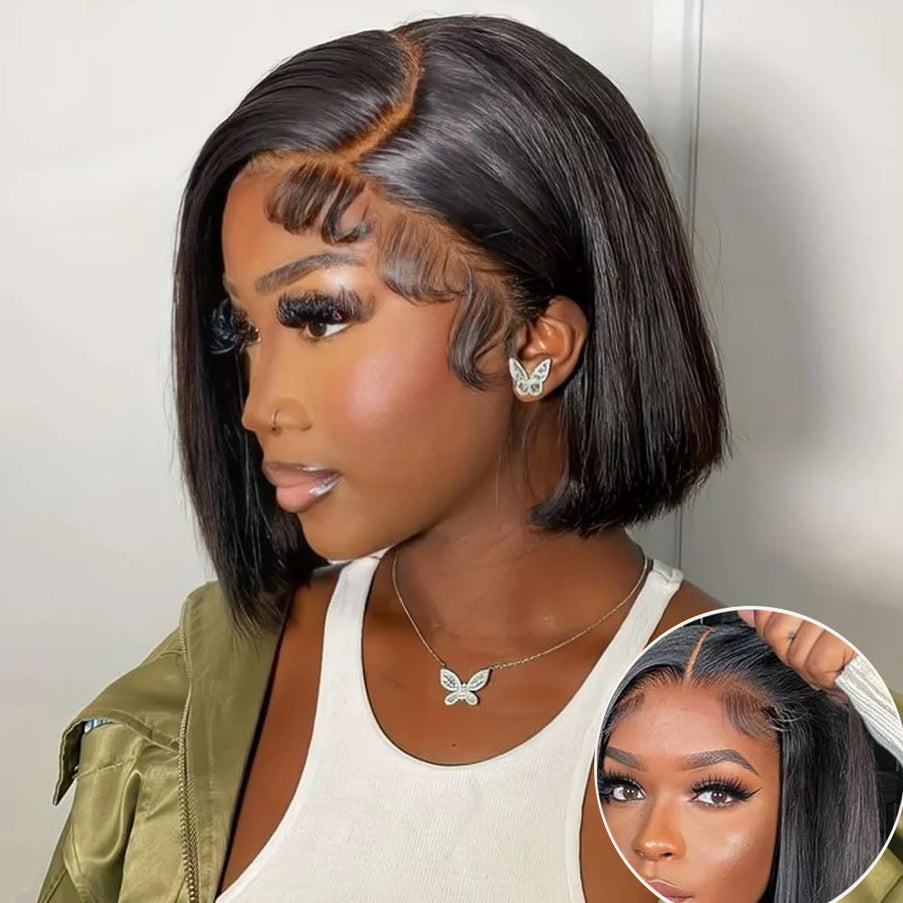 Wear & Go Glueless Bob Wig – Short Straight Human Hair Lace Closure Wig for Beginners