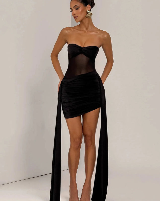 Strapless Mesh Patchwork Asymmetrical Mini Dress