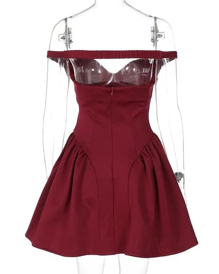 Elegant Off Shoulder Mini Dress Party in burgundy color with draped V neck and A-line silhouette.