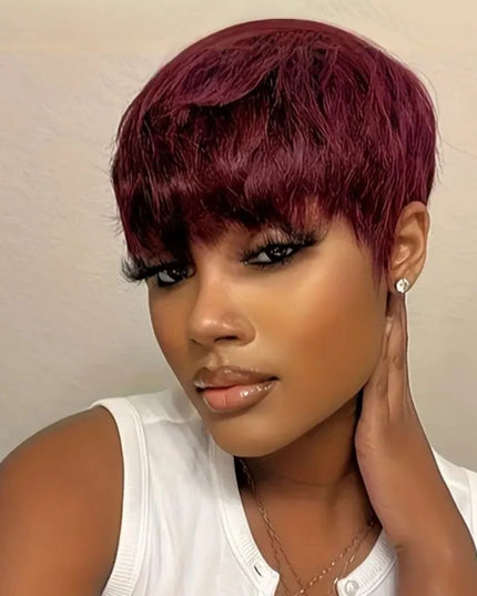 Stylish woman wearing a burgundy glueless cotton cap wig for hair loss, showcasing its ultra comfort design.