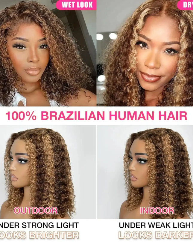 Comparison of 100% Brazilian human hair under different lighting conditions and styles.