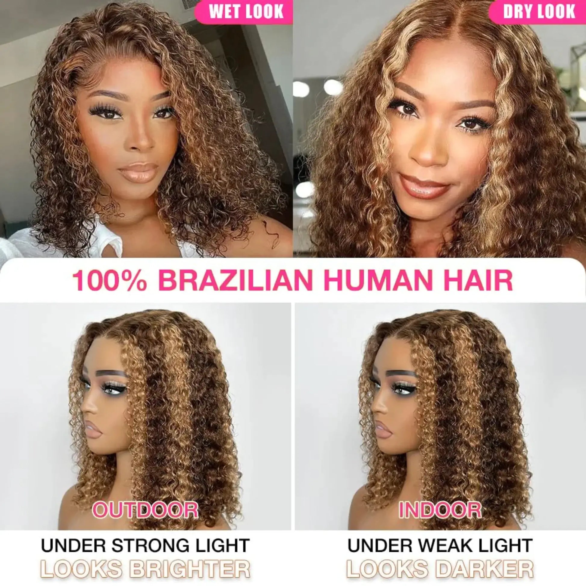Comparison of 100% Brazilian human hair under different lighting conditions and styles.