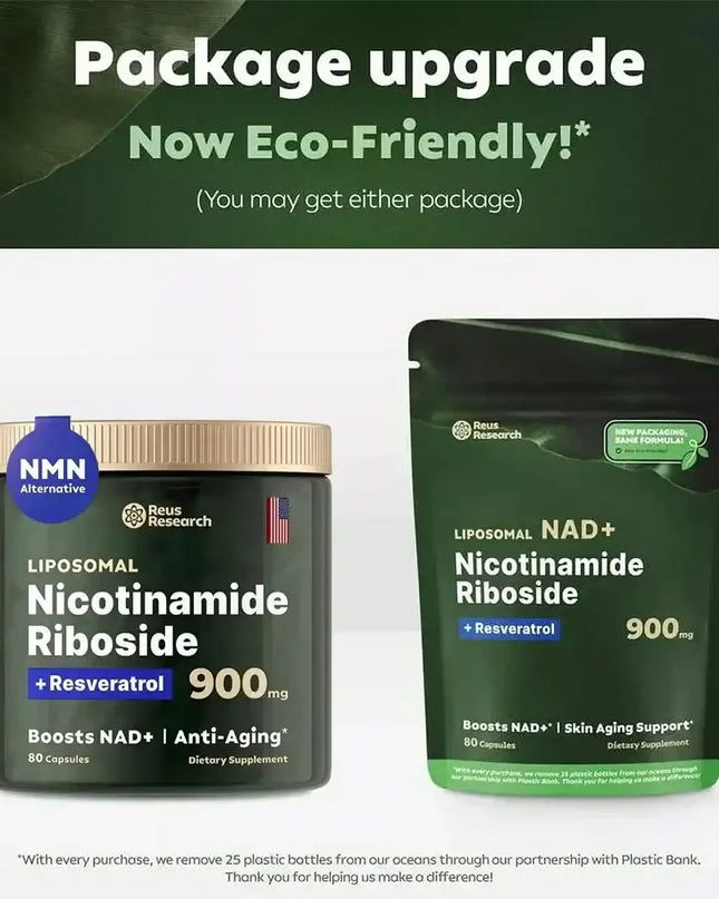 Eco-friendly package upgrade for Liposomal Nicotinamide Riboside 900mg anti-aging supplement with Resveratrol.