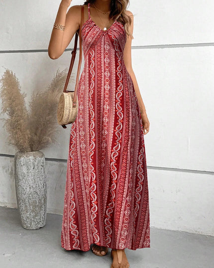 Women's Ethnic Pattern Backless Split Thigh Boho Maxi Dress