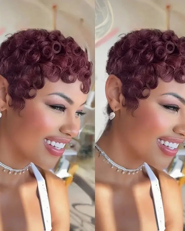 Curly pixie cut wigs for women showcased on a model with short layered Brazilian human hair in a vibrant burgundy color.