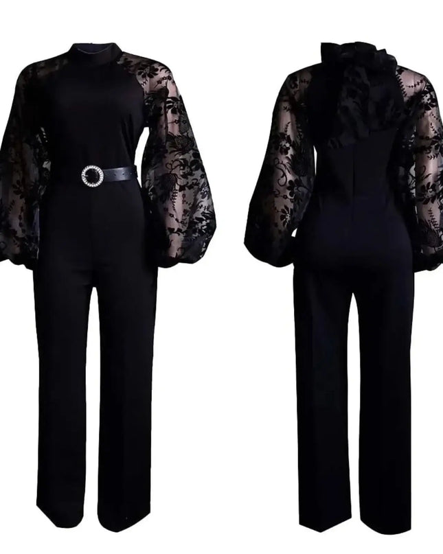 Black jumpsuit with sheer sleeves on a white background