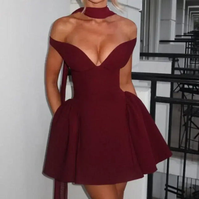Elegant Off Shoulder Draped V Neck Mini Dress in burgundy, perfect for parties or clubs, featuring an A-Line silhouette.