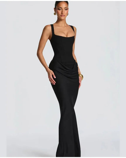 Elegant black gown with square neckline and sleeveless design, showcasing a sleek silhouette and flattering fit.