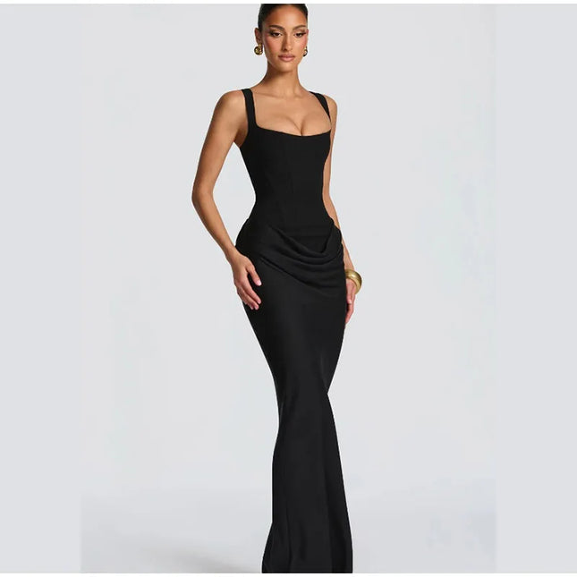 Elegant black gown with square neckline and sleeveless design, showcasing a sleek silhouette and flattering fit.