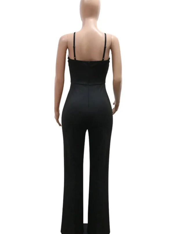 Black jumpsuit on a mannequin against a white background