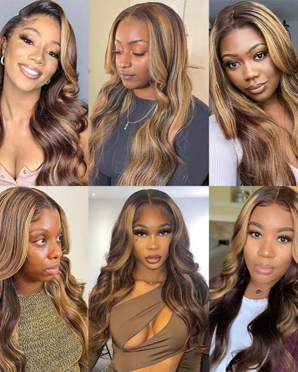 Collage of a woman with styled hair in various poses and settings.