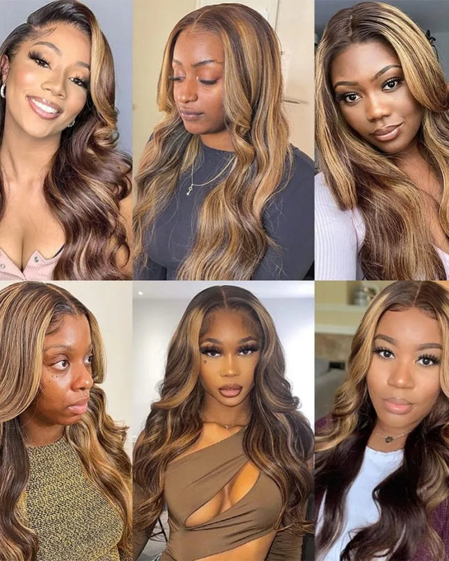 Collage of a woman with styled hair in various poses and settings.