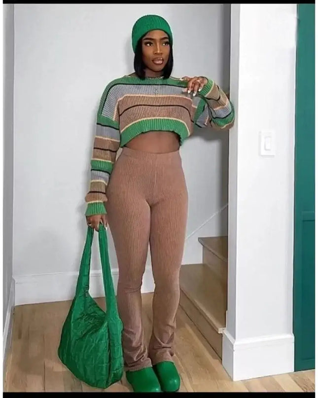 Women 2 Piece Set Long Sleeve Striped Sweater and Sweat Pants Suits 2024 Winter Fitness Active Two Piece Lounge Sets Tracksuit