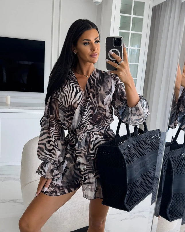 Women’s Loose V-Neck Long Sleeve Printed Jumpsuit