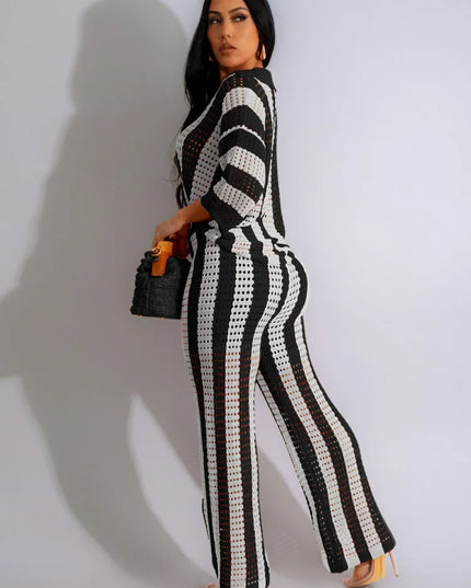 Women's Crochet Knit Two-Piece Beach Set – Button Top & Wide-Leg Pants