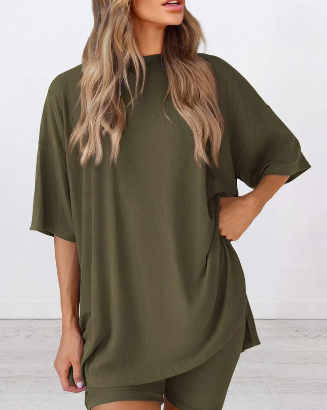 Women's Casual Loose Solid Color Short Sleeve Shorts Set with Pockets | Two Piece Loungewear Outfit 2025