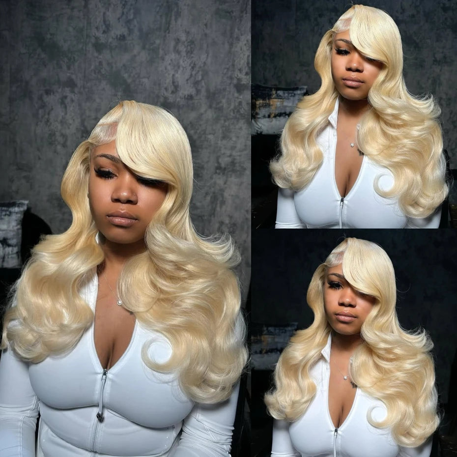 Woman wearing a blonde wig with different angles shown.