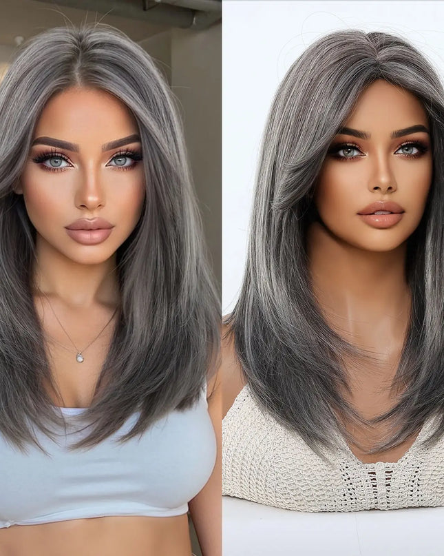 Blonde Synthetic Wigs with Bangs Medium Length Layered Straight Wig Natural Highlight Hair
