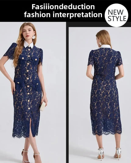 Elegant Lace Color Block Bodycon Dress with 3D Pockets