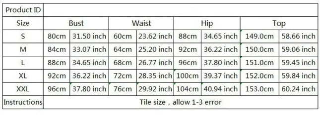 Measurement chart for clothing sizes with dimensions in centimeters and inches.