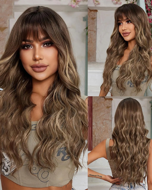 Brown Wavy Wigs for Women with Bangs Long Natural Synthetic Hair Wig Daily Cosplay Heat Resistant