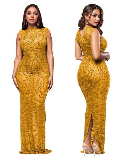 Woman wearing a yellow sequin dress from front and side views on a gray background