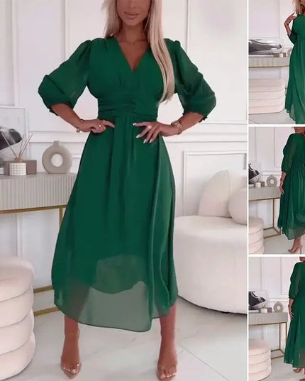 Sexy V Neck Solid Chiffon Long Dress Women Spring Elegant High-waisted Slim Party Dress Autumn 3/4 Sleeve A-Line Bohemian Dress