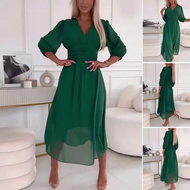 Sexy V Neck Solid Chiffon Long Dress Women Spring Elegant High-waisted Slim Party Dress Autumn 3/4 Sleeve A-Line Bohemian Dress