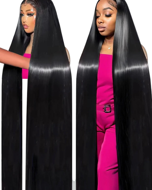 Woman wearing a black lace front wig with a pink top on a gray background